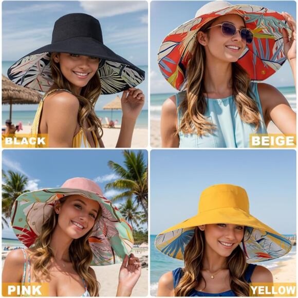 Women's Wide Brim Sun Hats UV Protection - Reversible Bucket Hat Foldable Beach - Picture 5 of 7